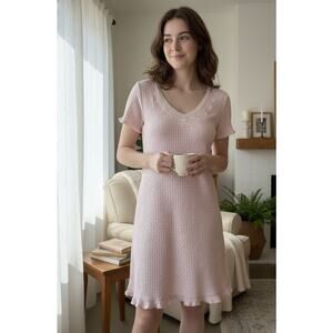 Miss Elaine Cozycore Pink Ribbed ShortSleeve Nightgown LaceEmbroidered RuffleHem